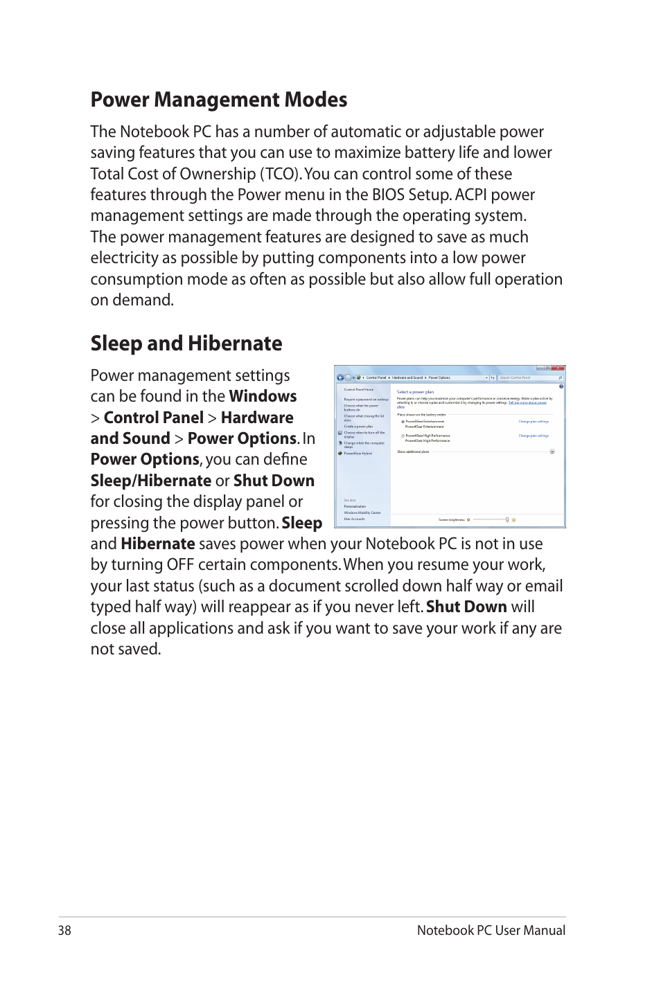 Power management modes, Sleep and hibernate | Asus G53JW User Manual | Page 38 / 116