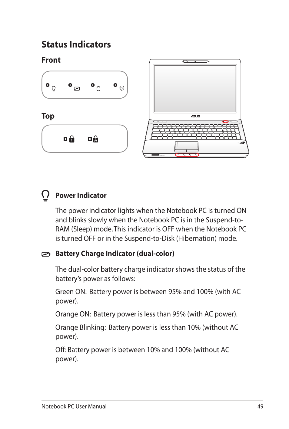 Status indicators | Asus G53JW User Manual | Page 49 / 116