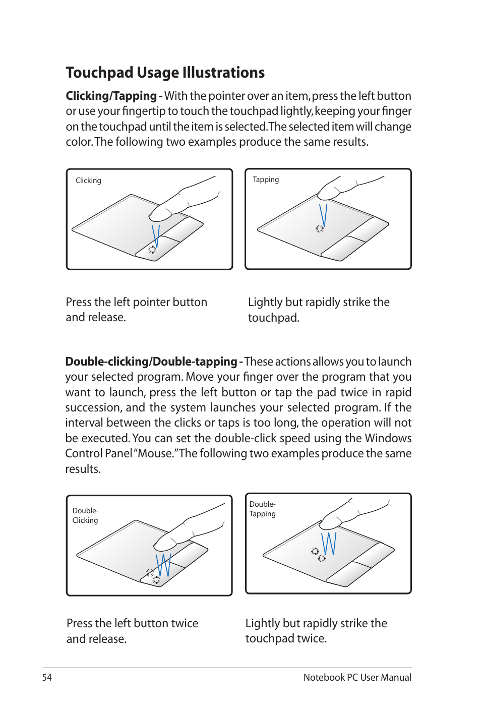Touchpad usage illustrations | Asus G53JW User Manual | Page 54 / 116