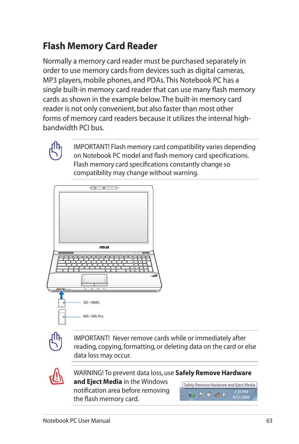 Flash memory card reader | Asus G53JW User Manual | Page 63 / 116