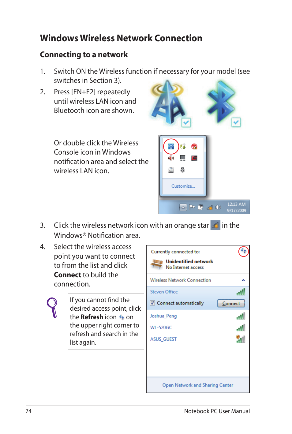 Windows wireless network connection | Asus G53JW User Manual | Page 74 / 116