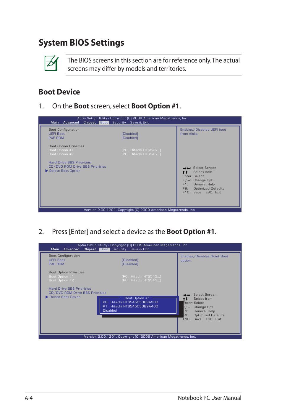 System bios settings, Boot device, On the boot screen, select boot option #1 | Asus G53JW User Manual | Page 82 / 116