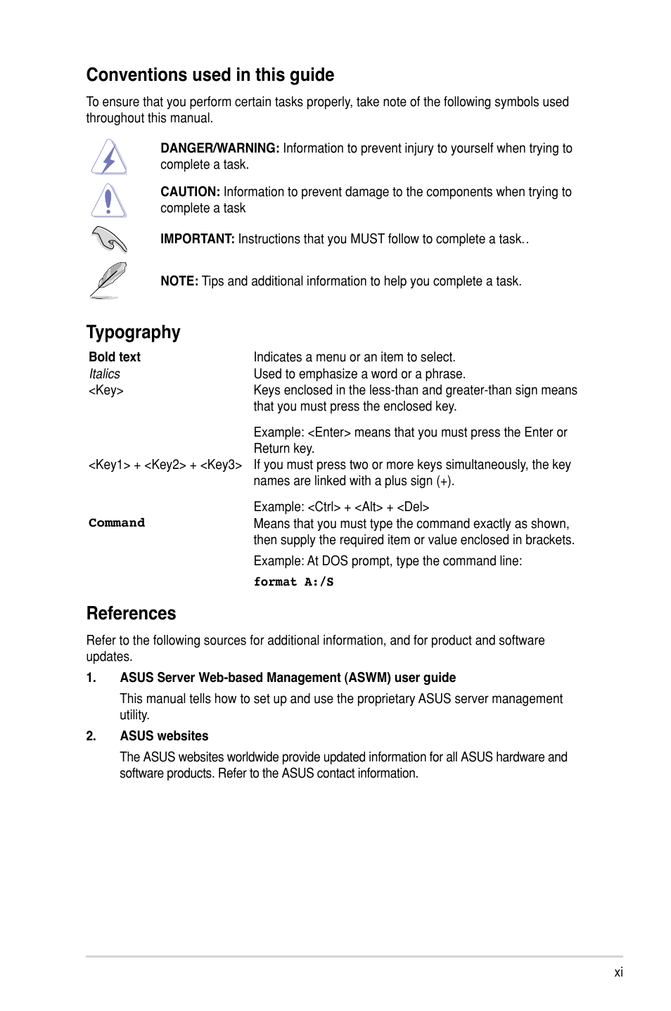 References, Conventions used in this guide, Typography | Asus TS100-E8-PI4 User Manual | Page 11 / 142