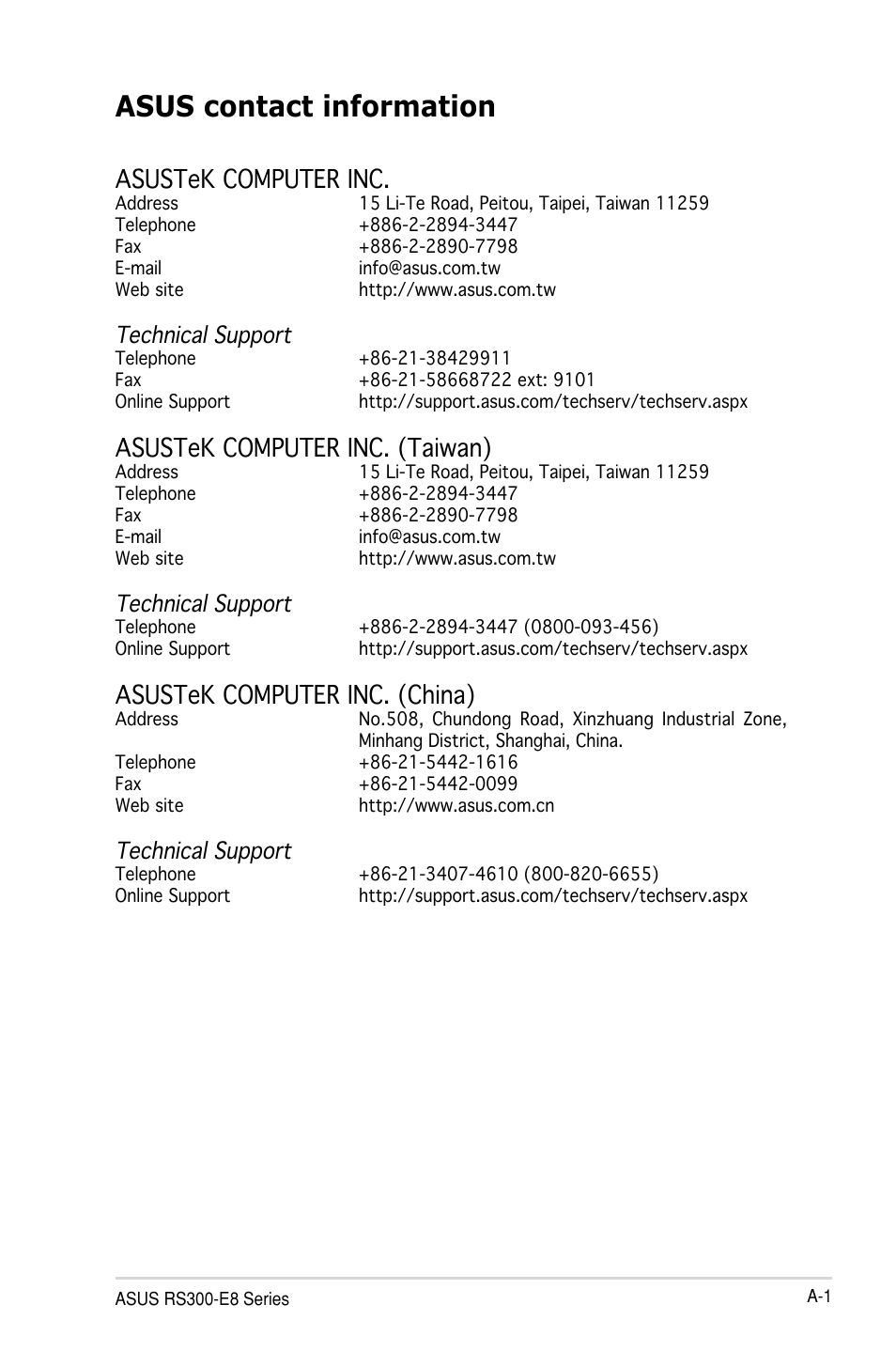 Asus contact information, Asustek computer inc, Asustek computer inc. (taiwan) | Asustek computer inc. (china), Technical support | Asus TS100-E8-PI4 User Manual | Page 139 / 142