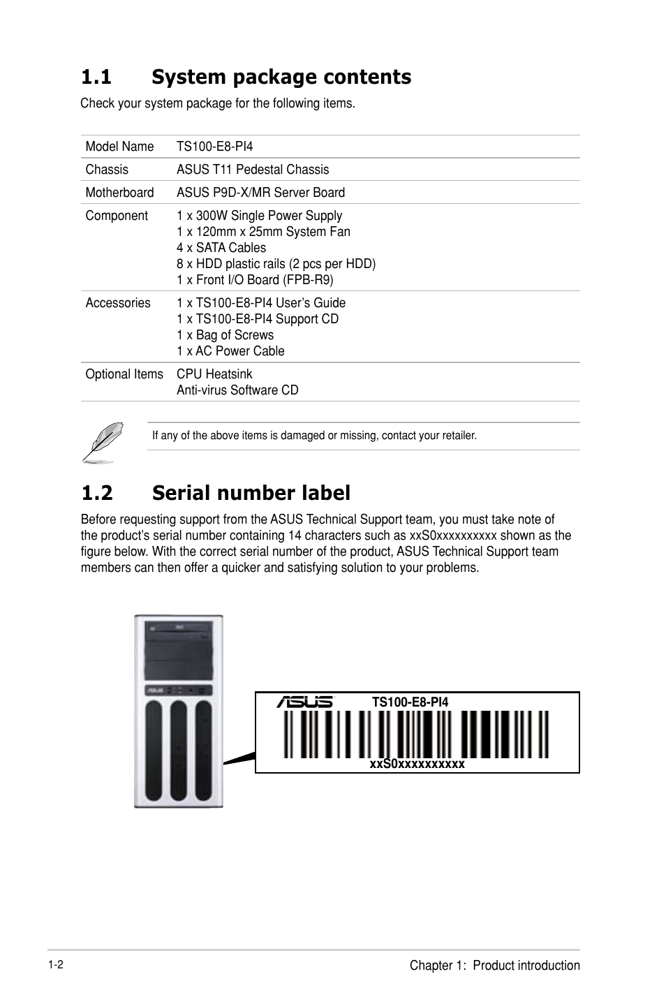 1 system package contents, 2 serial number label | Asus TS100-E8-PI4 User Manual | Page 14 / 142
