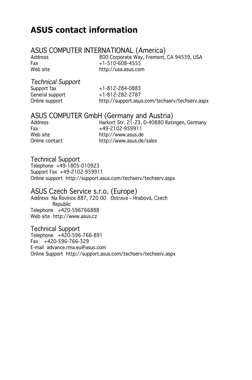 Asus contact information, Asus computer international (america), Asus computer gmbh (germany and austria) | Asus czech service s.r.o. (europe), Technical support | Asus TS100-E8-PI4 User Manual | Page 140 / 142