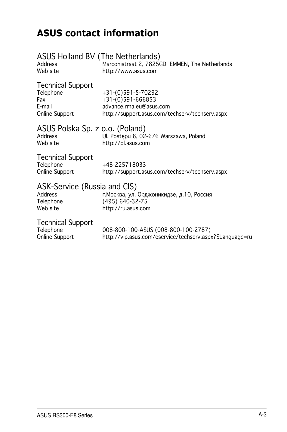 Asus contact information, Asus holland bv (the netherlands), Asus polska sp. z o.o. (poland) | Ask-service (russia and cis), Technical support | Asus TS100-E8-PI4 User Manual | Page 141 / 142