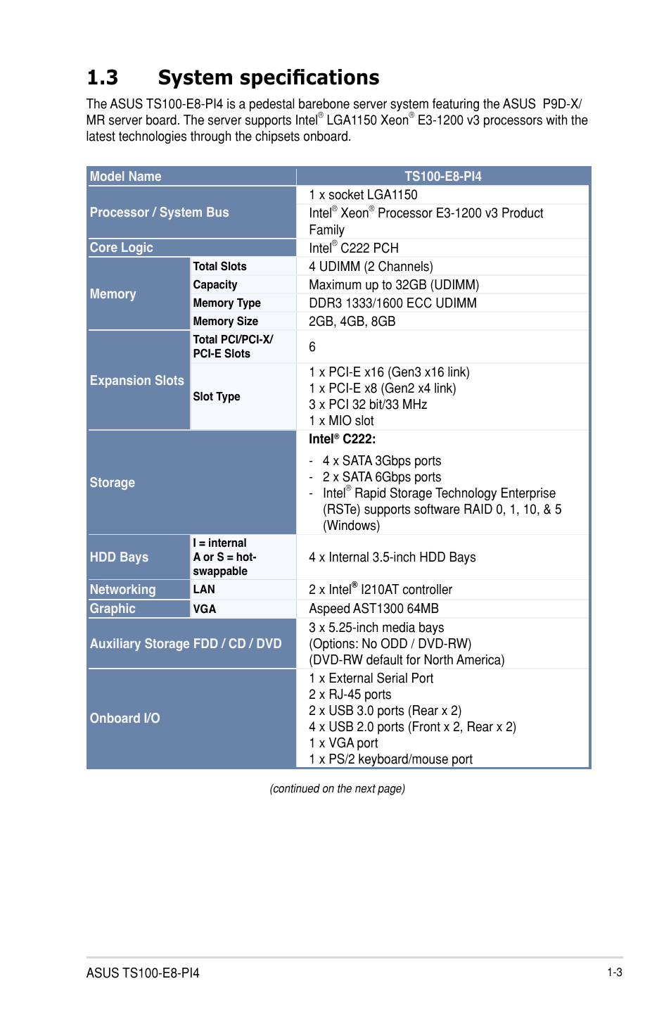 3 system specifications | Asus TS100-E8-PI4 User Manual | Page 15 / 142