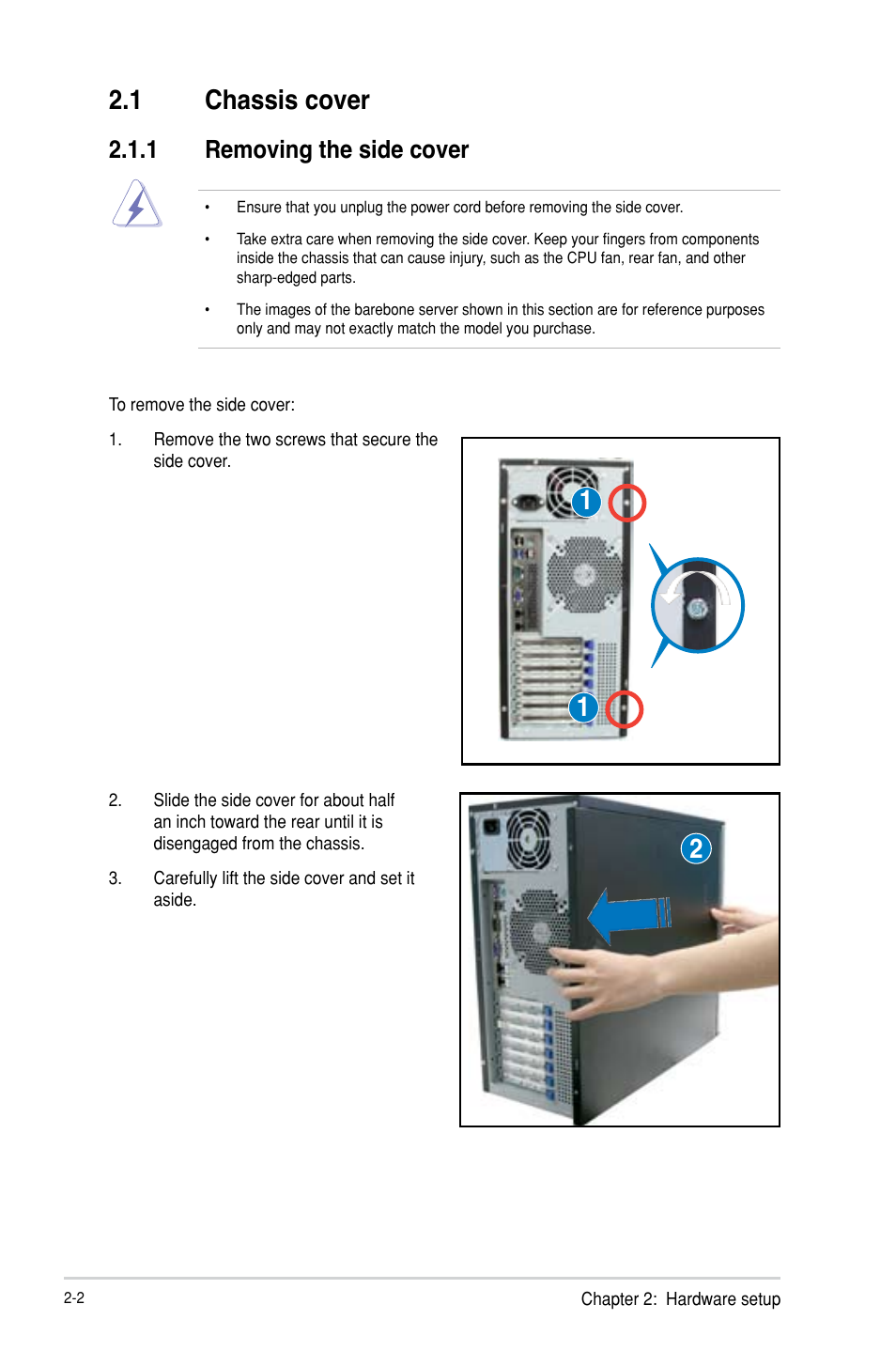 1 chassis cover, 1 removing the side cover | Asus TS100-E8-PI4 User Manual | Page 22 / 142