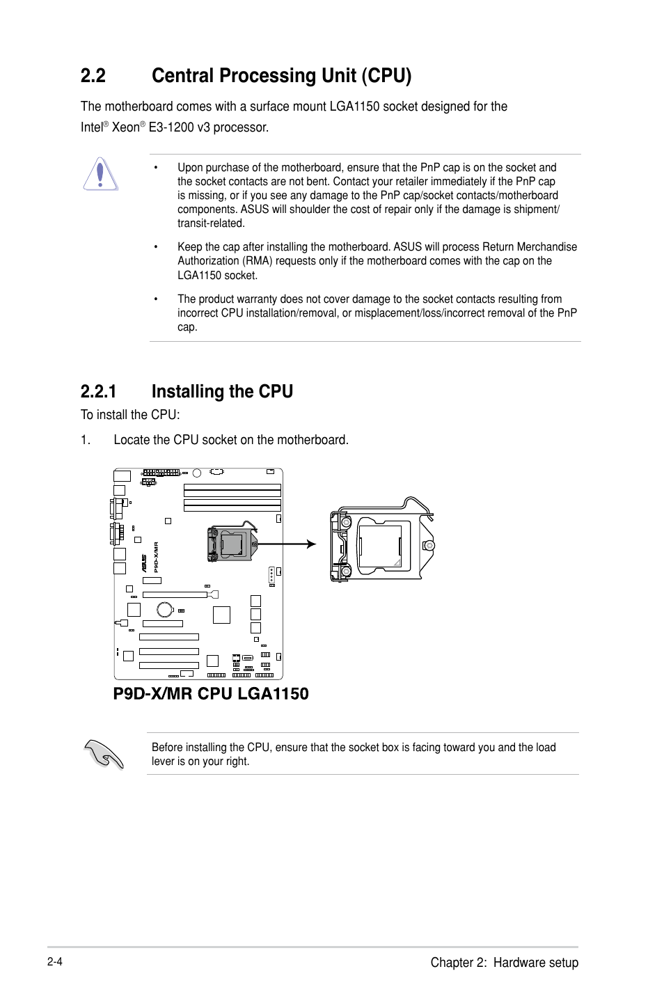 2 central processing unit (cpu), 1 installing the cpu | Asus TS100-E8-PI4 User Manual | Page 24 / 142