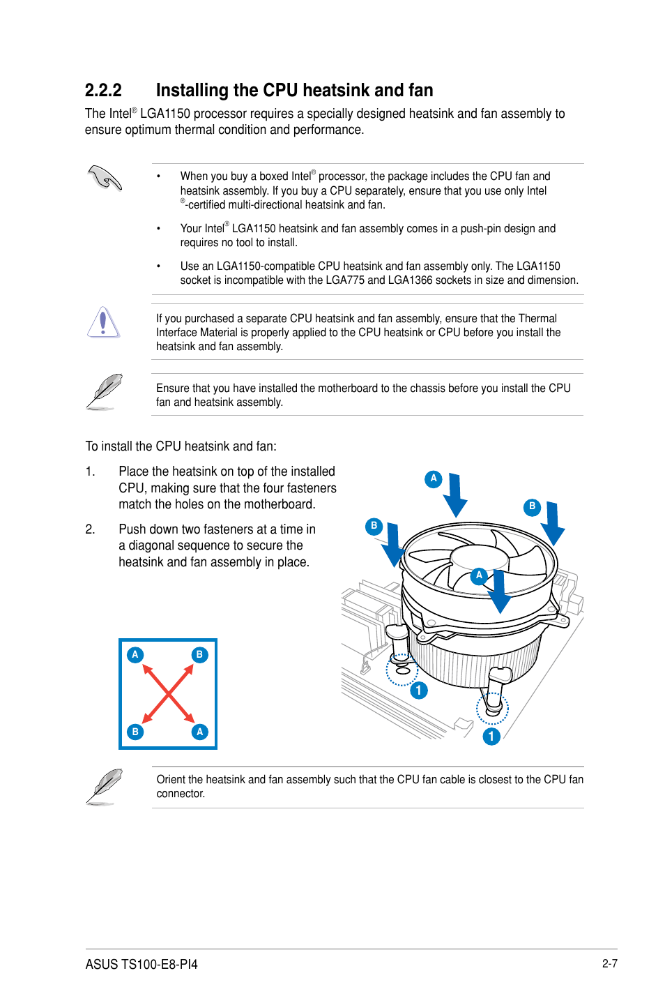 2 installing the cpu heatsink and fan | Asus TS100-E8-PI4 User Manual | Page 27 / 142