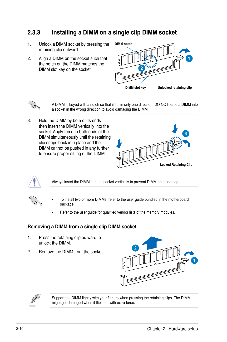 3 installing a dimm on a single clip dimm socket | Asus TS100-E8-PI4 User Manual | Page 30 / 142