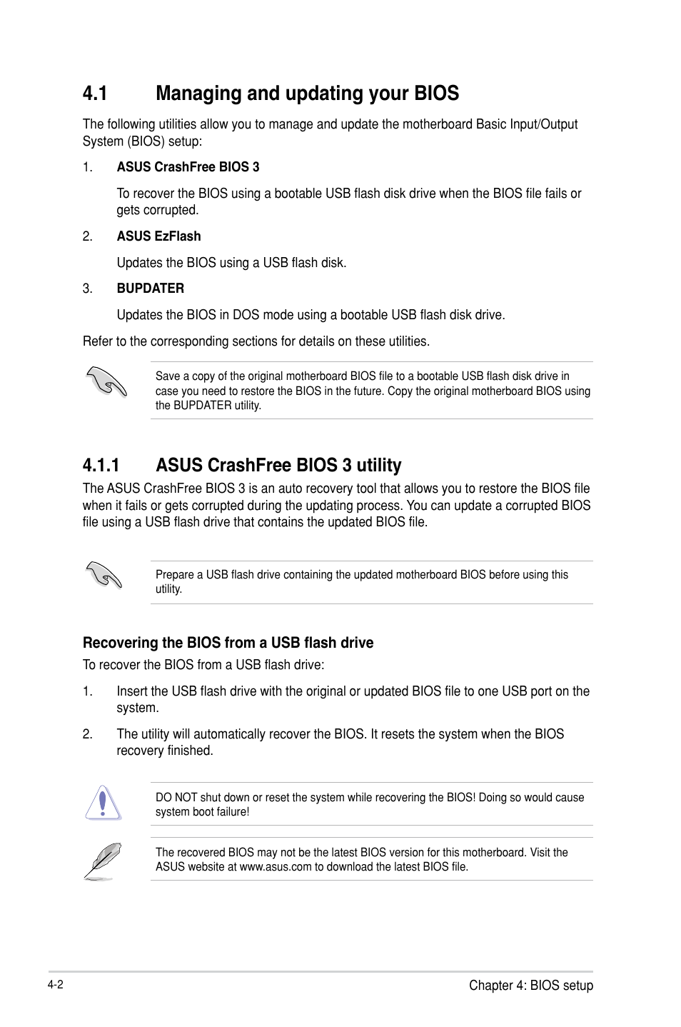 1 managing and updating your bios, 1 asus crashfree bios 3 utility | Asus TS100-E8-PI4 User Manual | Page 56 / 142