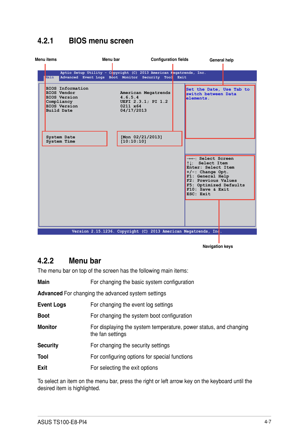 2 menu bar, 1 bios menu screen | Asus TS100-E8-PI4 User Manual | Page 61 / 142