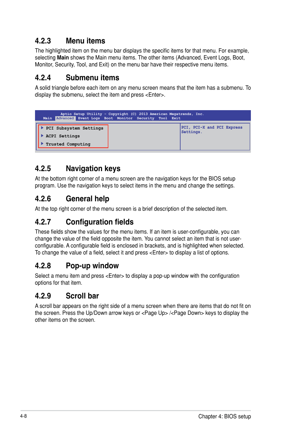 3 menu items, 4 submenu items, 5 navigation keys | 6 general help, 7 configuration fields, 8 pop-up window, 9 scroll bar | Asus TS100-E8-PI4 User Manual | Page 62 / 142