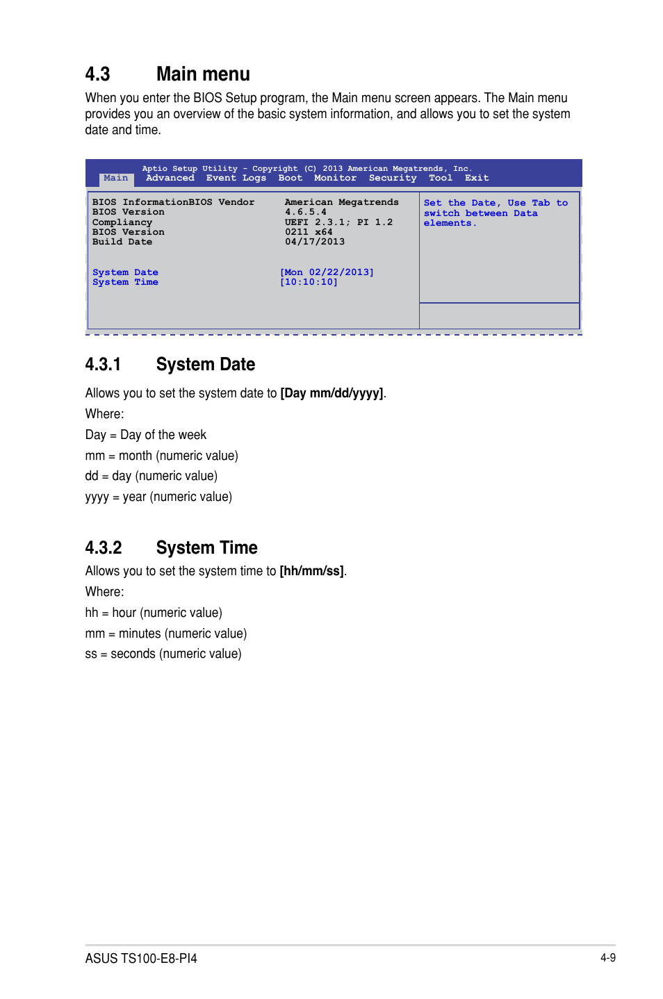 3 main menu, 1 system date, 2 system time | Asus TS100-E8-PI4 User Manual | Page 63 / 142