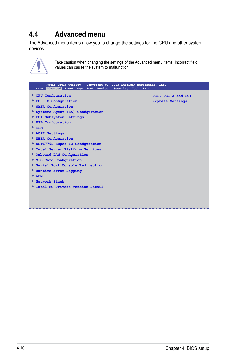 4 advanced menu, Chapter 4: bios setup | Asus TS100-E8-PI4 User Manual | Page 64 / 142