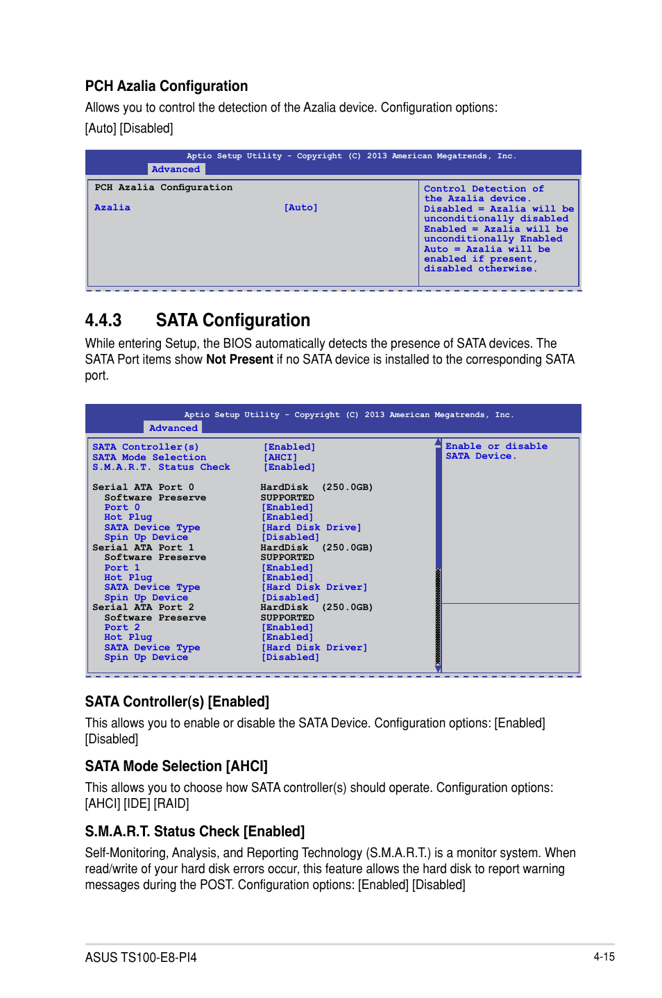 3 sata configuration, Sata controller(s) [enabled, Sata mode selection [ahci | S.m.a.r.t. status check [enabled, Pch azalia configuration | Asus TS100-E8-PI4 User Manual | Page 69 / 142