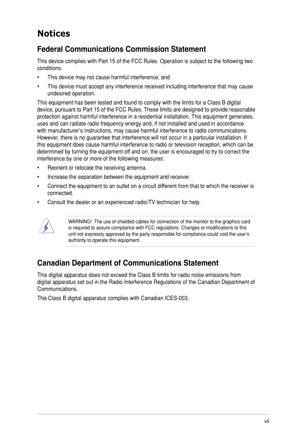 Notices, Federal communications commission statement, Canadian department of communications statement | Asus TS100-E8-PI4 User Manual | Page 7 / 142