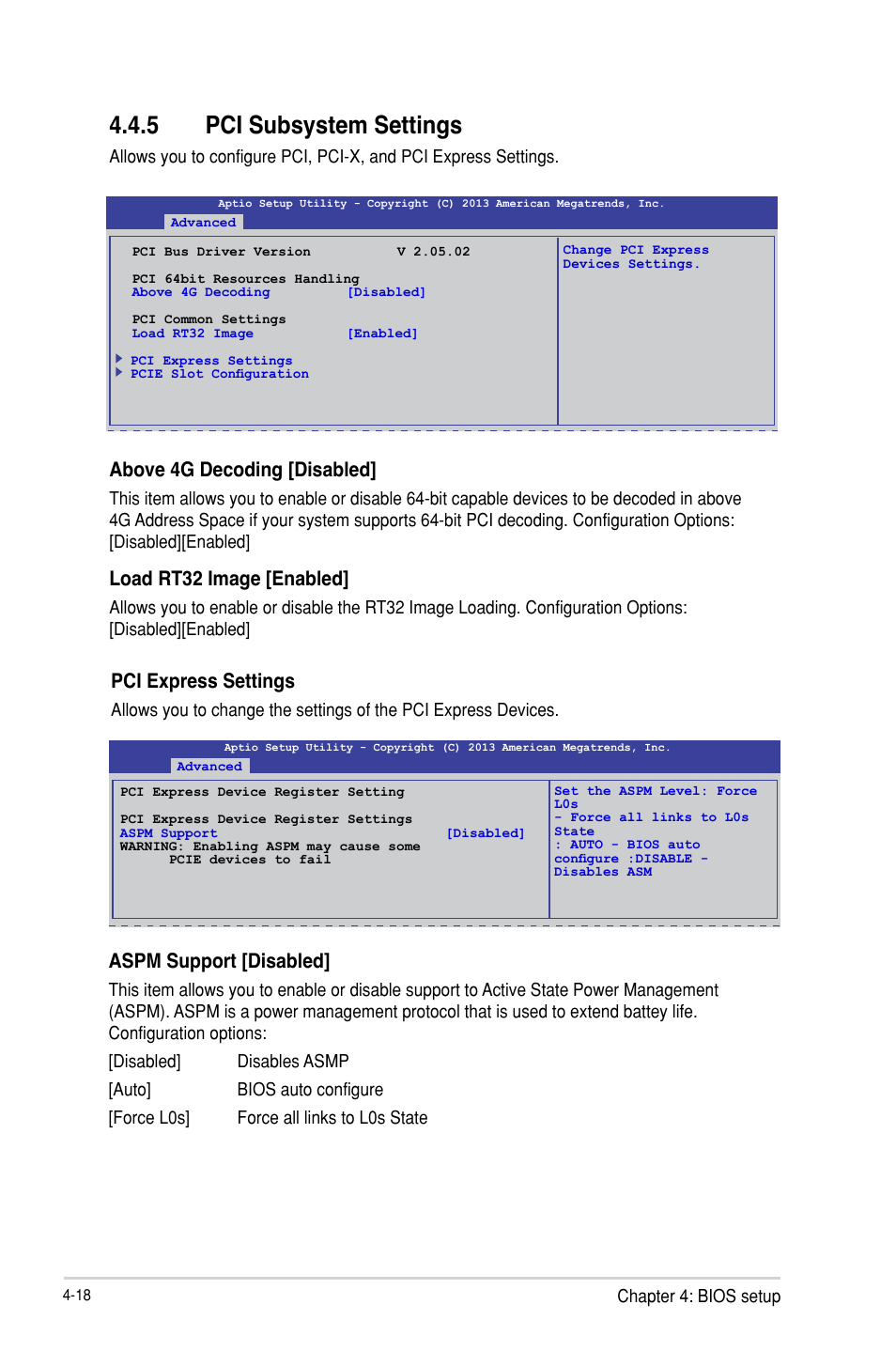 5 pci subsystem settings, Above 4g decoding [disabled, Load rt32 image [enabled | Pci express settings, Aspm support [disabled | Asus TS100-E8-PI4 User Manual | Page 72 / 142