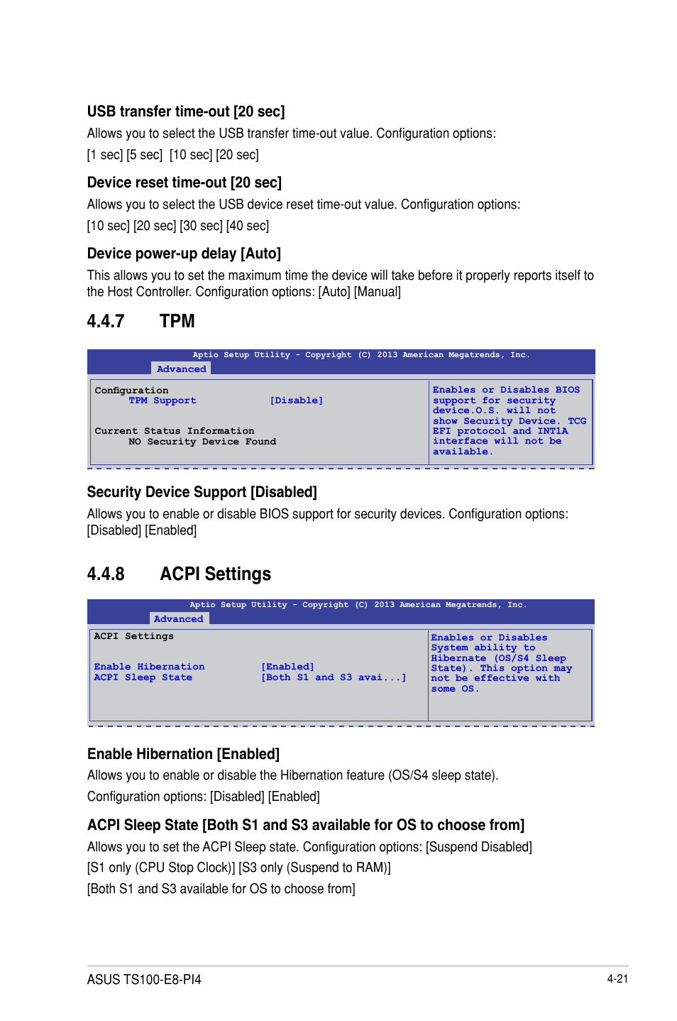 7 tpm, 8 acpi settings, Security device support [disabled | Usb transfer time-out [20 sec, Device reset time-out [20 sec, Device power-up delay [auto, Enable hibernation [enabled | Asus TS100-E8-PI4 User Manual | Page 75 / 142