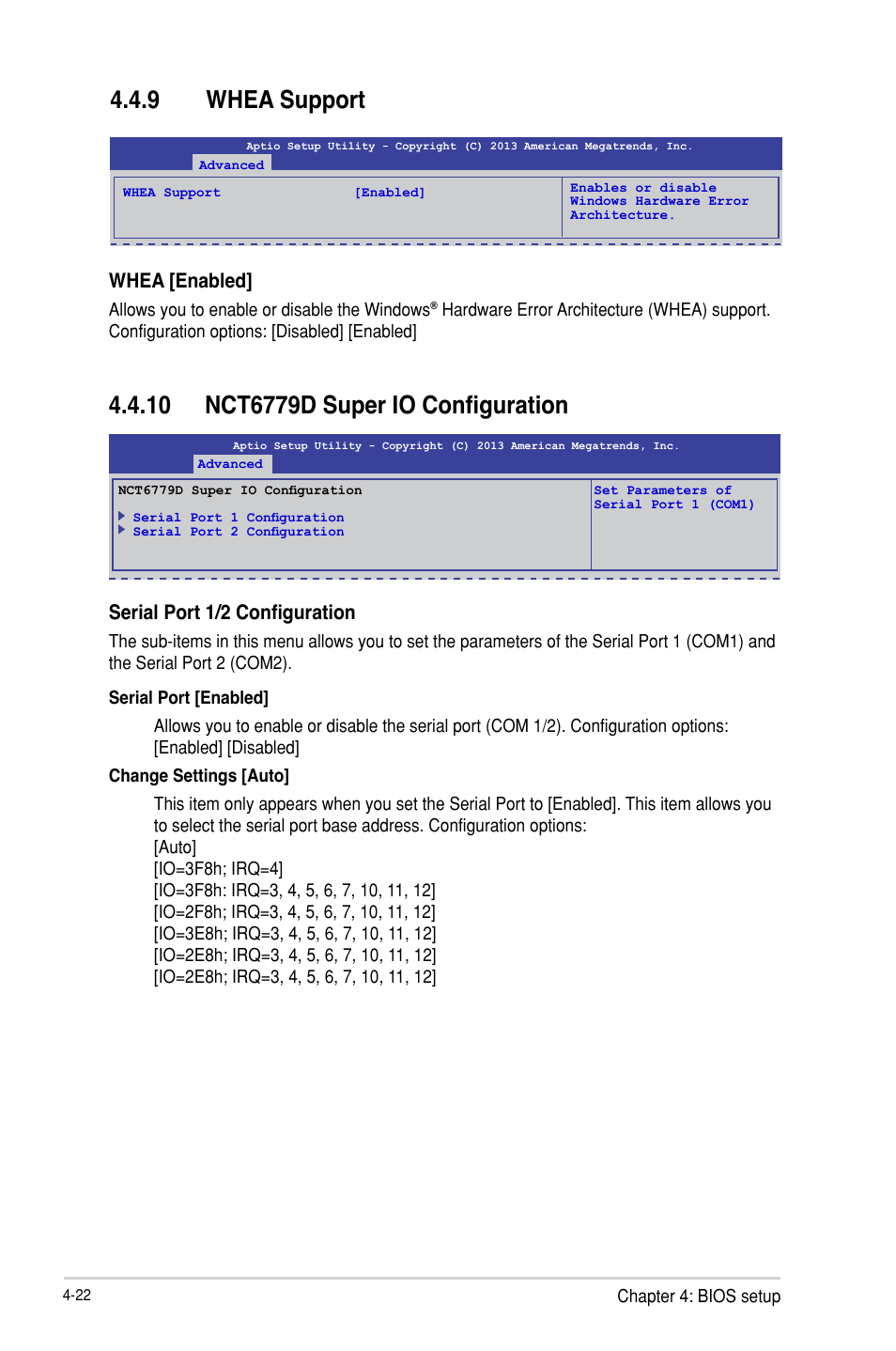 9 whea support, Whea [enabled, Serial port 1/2 configuration | Asus TS100-E8-PI4 User Manual | Page 76 / 142