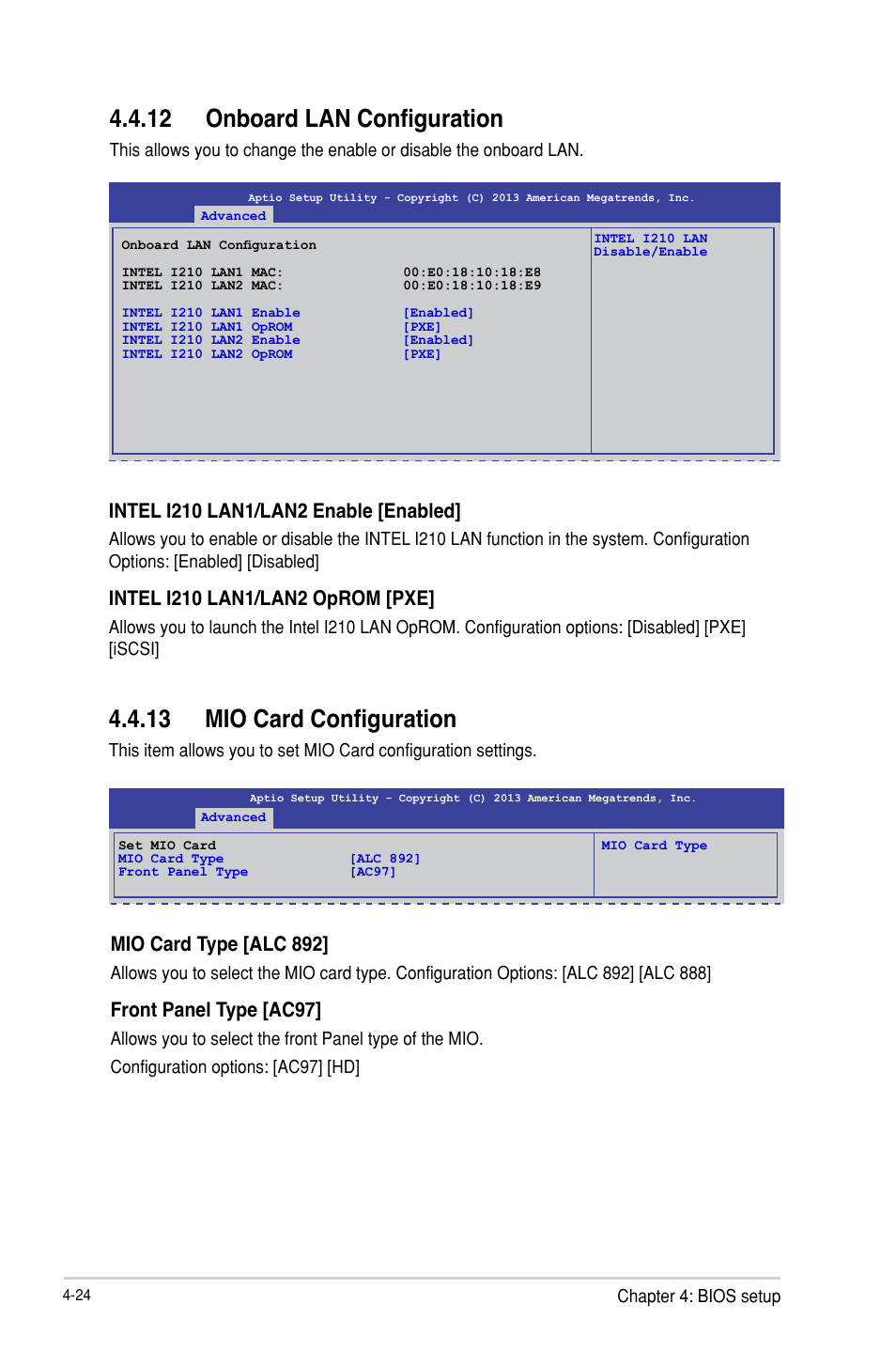 12 onboard lan configuration, 13 mio card configuration, Mio card type [alc 892 | Front panel type [ac97 | Asus TS100-E8-PI4 User Manual | Page 78 / 142