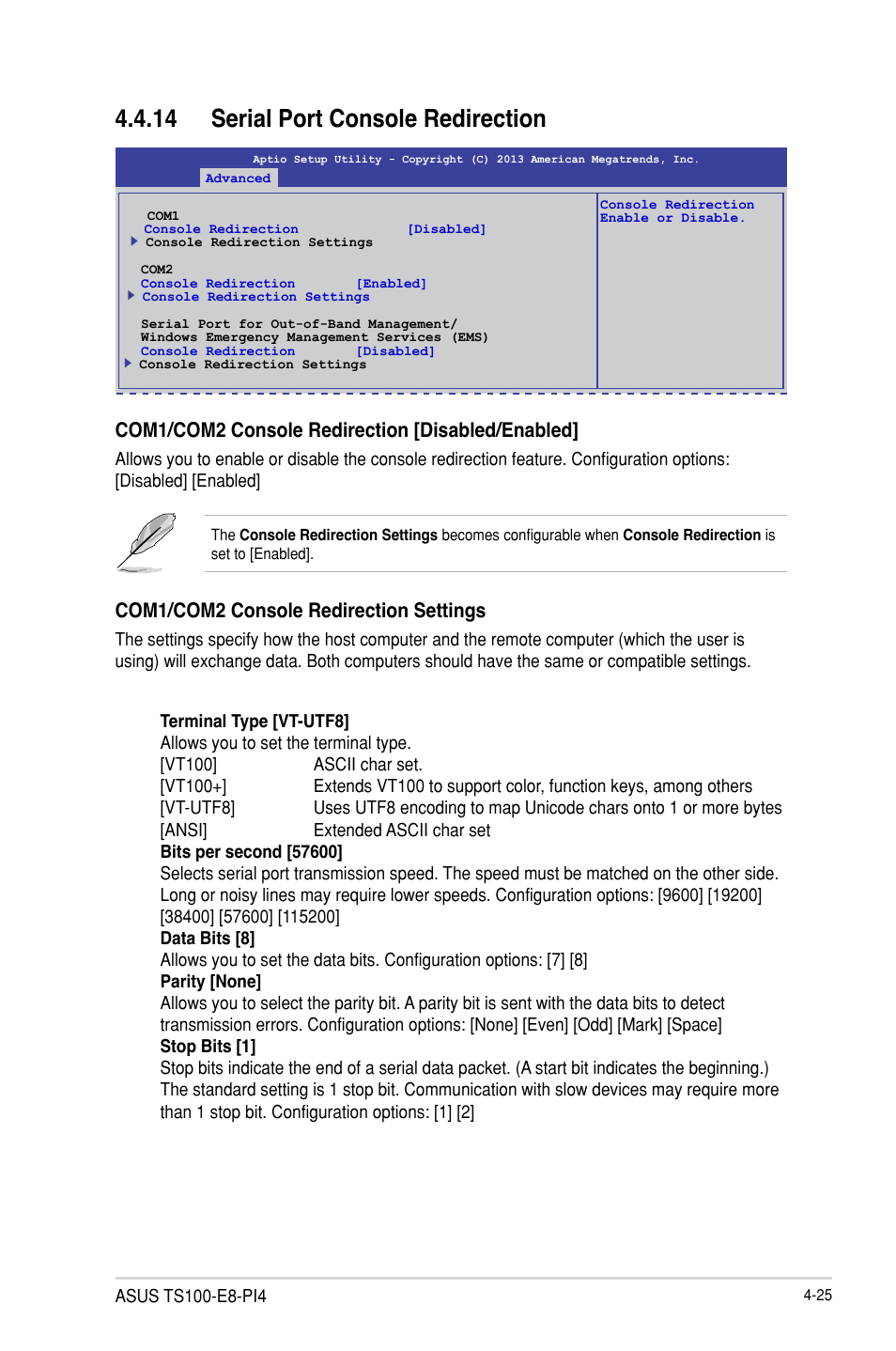 14 serial port console redirection, Com1/com2 console redirection [disabled/enabled, Com1/com2 console redirection settings | Asus TS100-E8-PI4 User Manual | Page 79 / 142