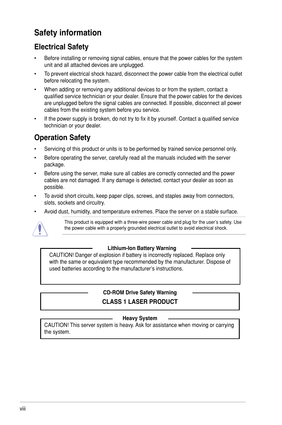 Safety information, Electrical safety, Operation safety | Asus TS100-E8-PI4 User Manual | Page 8 / 142