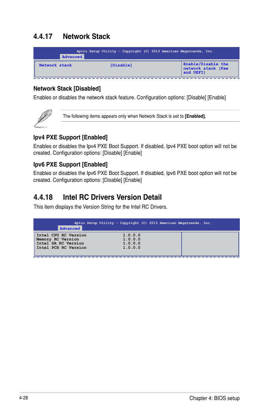 18 intel rc drivers version detail, 17 network stack, Network stack [disabled | Ipv4 pxe support [enabled, Ipv6 pxe support [enabled | Asus TS100-E8-PI4 User Manual | Page 82 / 142