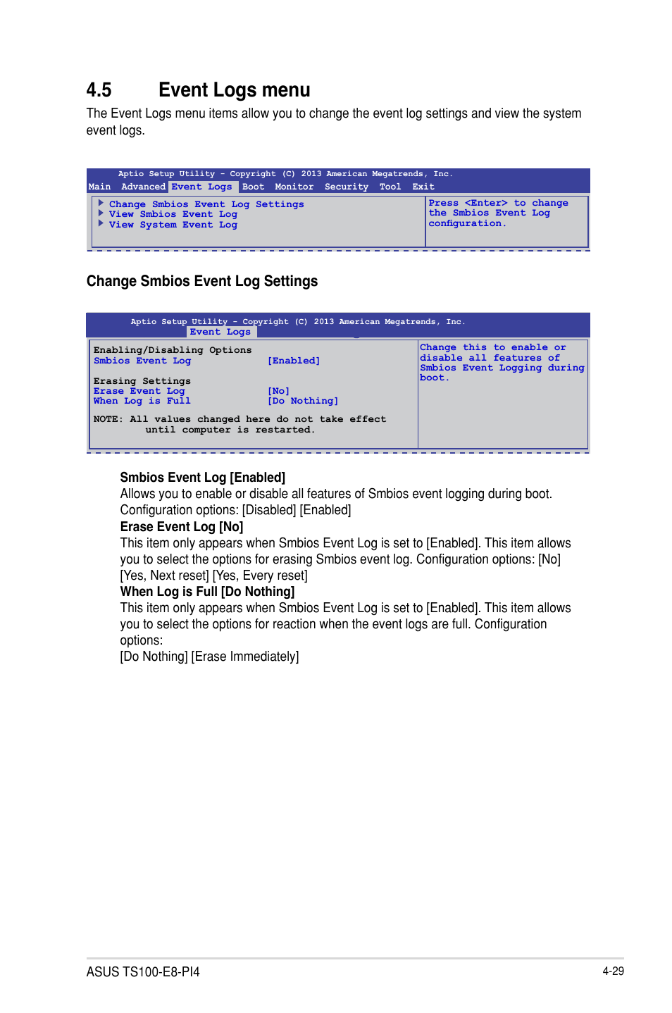 5 event logs menu, Change smbios event log settings | Asus TS100-E8-PI4 User Manual | Page 83 / 142