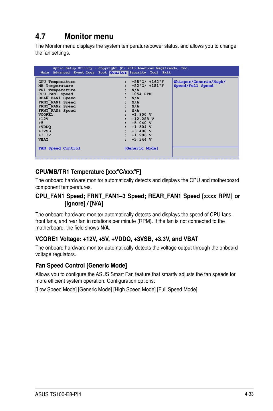 7 monitor menu, Cpu/mb/tr1 temperature [xxxºc/xxxºf, Fan speed control [generic mode | Asus TS100-E8-PI4 User Manual | Page 87 / 142