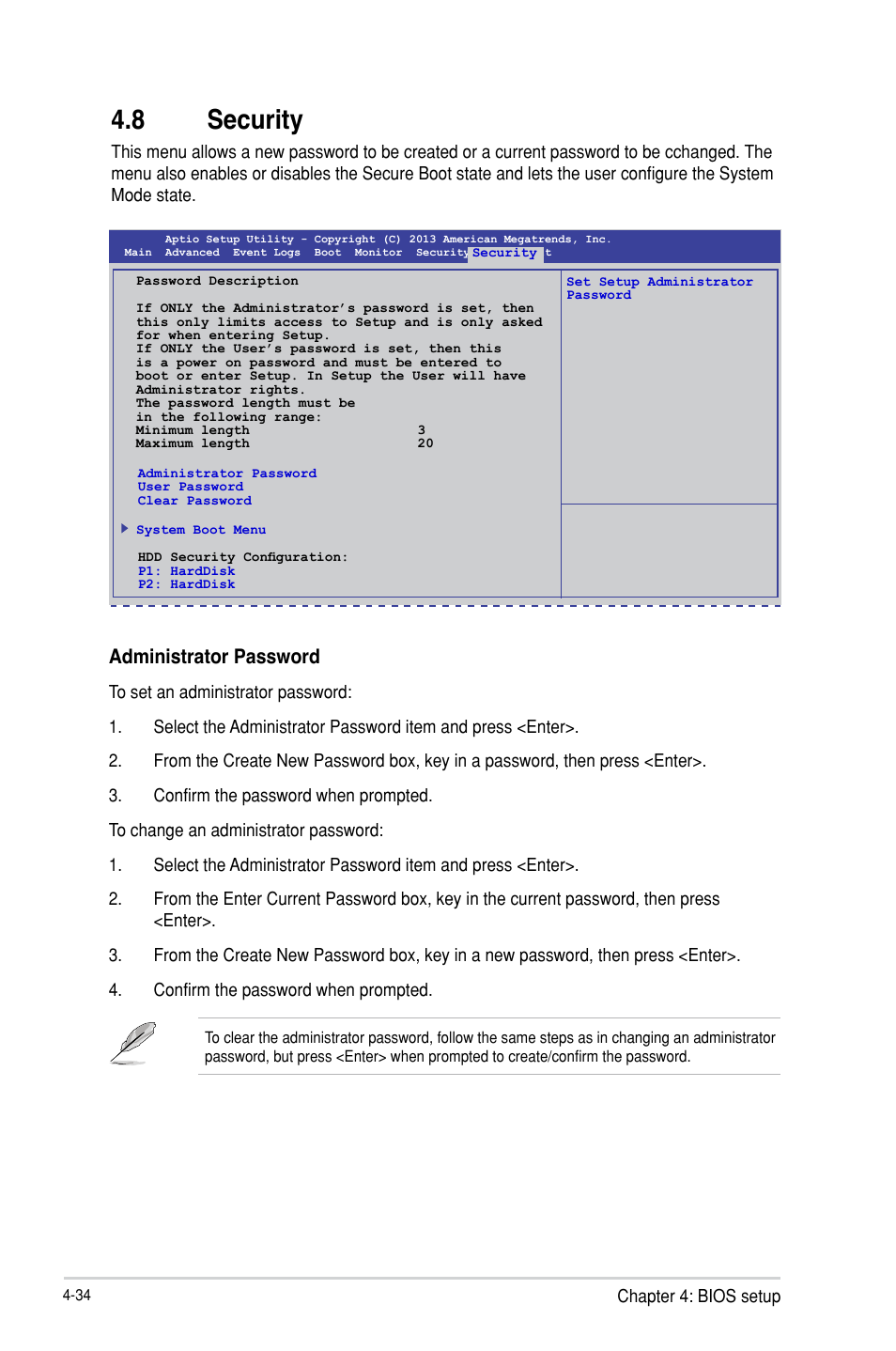 8 security, Administrator password | Asus TS100-E8-PI4 User Manual | Page 88 / 142