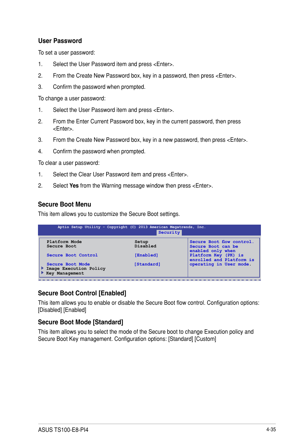 User password, Secure boot menu, Secure boot control [enabled | Secure boot mode [standard | Asus TS100-E8-PI4 User Manual | Page 89 / 142