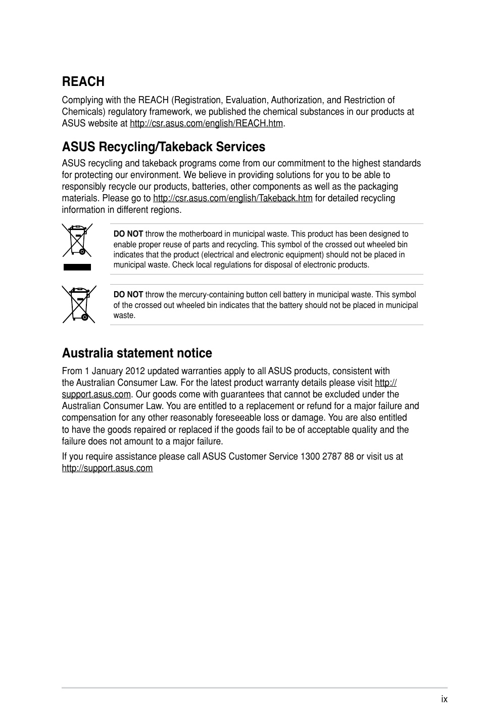 Australia statement notice, Reach, Asus recycling/takeback services | Asus TS100-E8-PI4 User Manual | Page 9 / 142