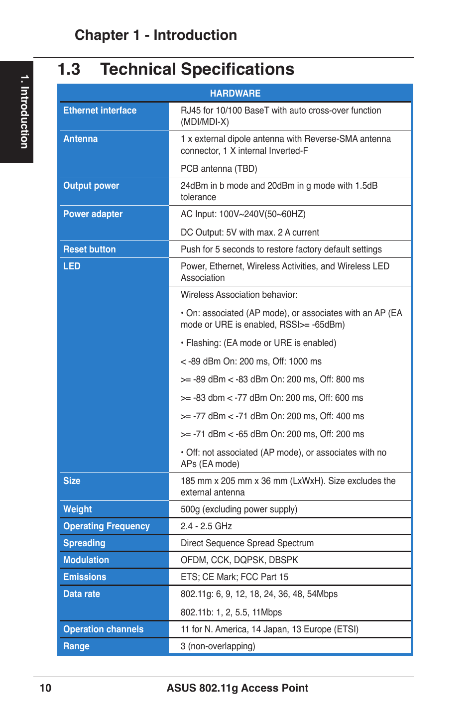 3 technical specifications, Chapter 1 - introduction | Asus WL-320gE User Manual | Page 10 / 77