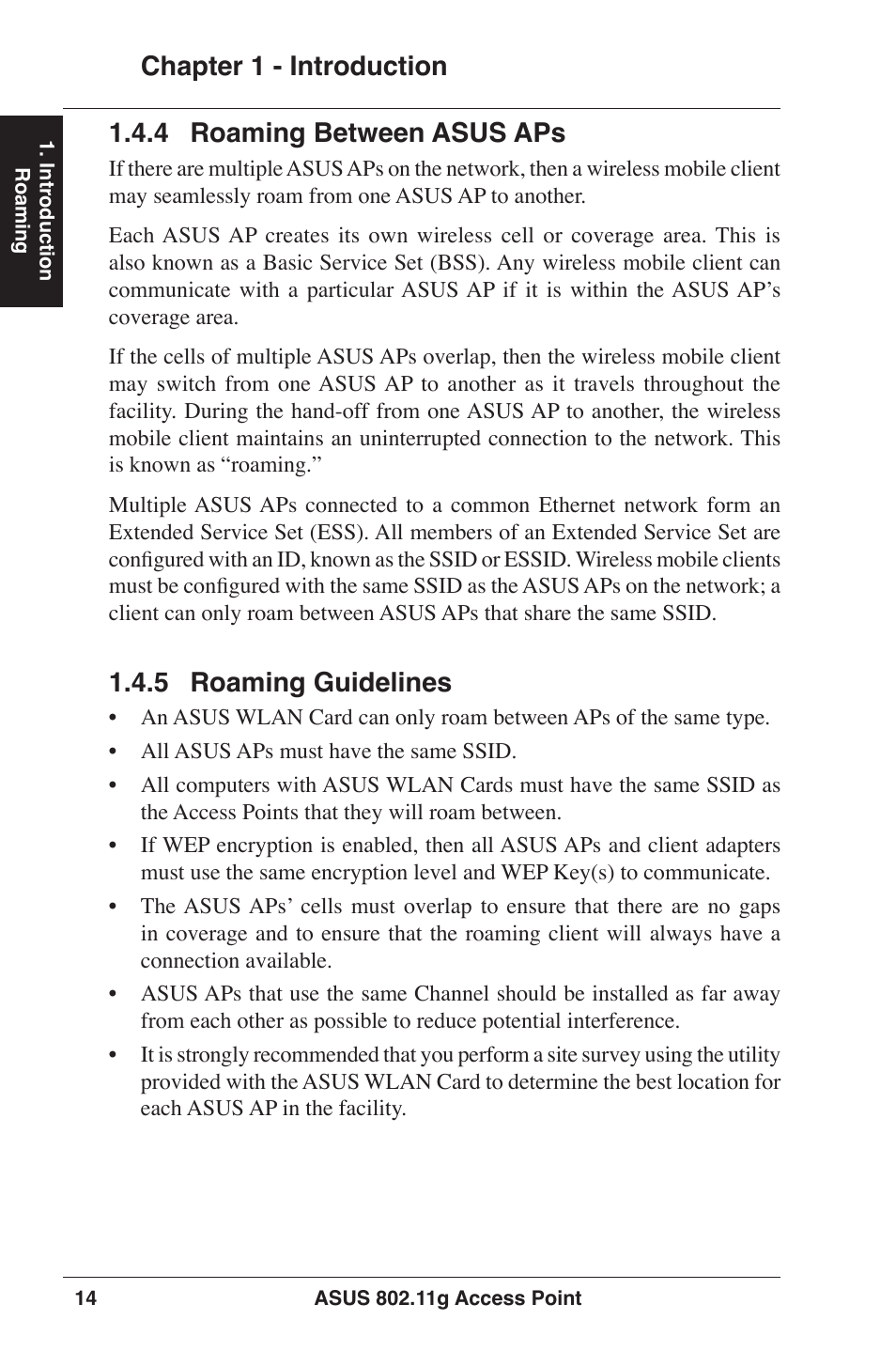 Chapter 1 - introduction, 4 roaming between asus aps, 5 roaming guidelines | Asus WL-320gE User Manual | Page 14 / 77