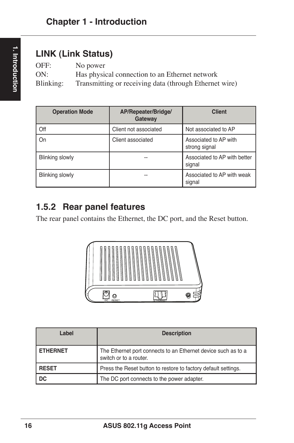 Chapter 1 - introduction, Link (link status), 2 rear panel features | Asus WL-320gE User Manual | Page 16 / 77