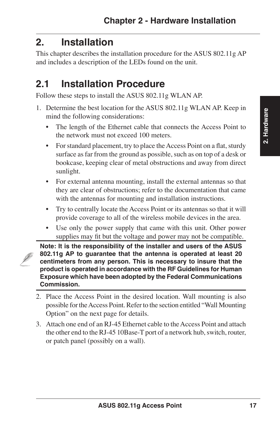 Installation, 1 installation procedure, Chapter 2 - hardware installation | Asus WL-320gE User Manual | Page 17 / 77