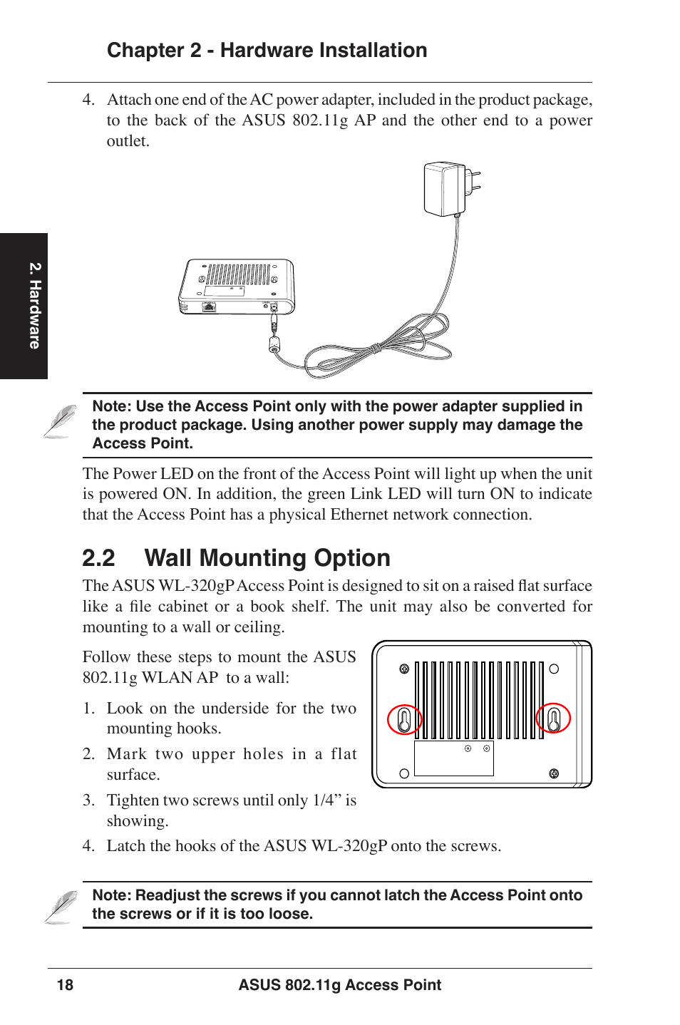 2 wall mounting option, Chapter 2 - hardware installation | Asus WL-320gE User Manual | Page 18 / 77