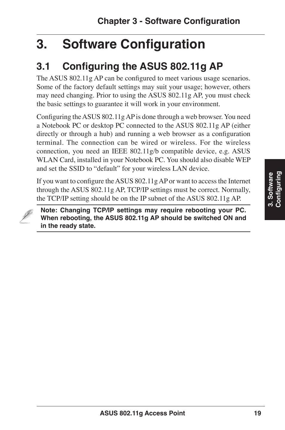 Software configuration, Chapter 3 - software configuration | Asus WL-320gE User Manual | Page 19 / 77