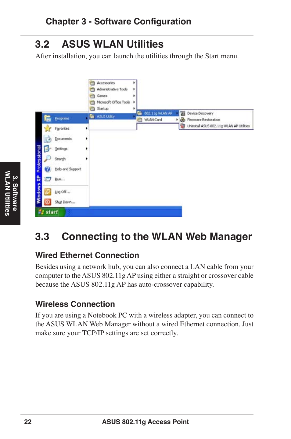 2 asus wlan utilities, 3 connecting to the wlan web manager | Asus WL-320gE User Manual | Page 22 / 77