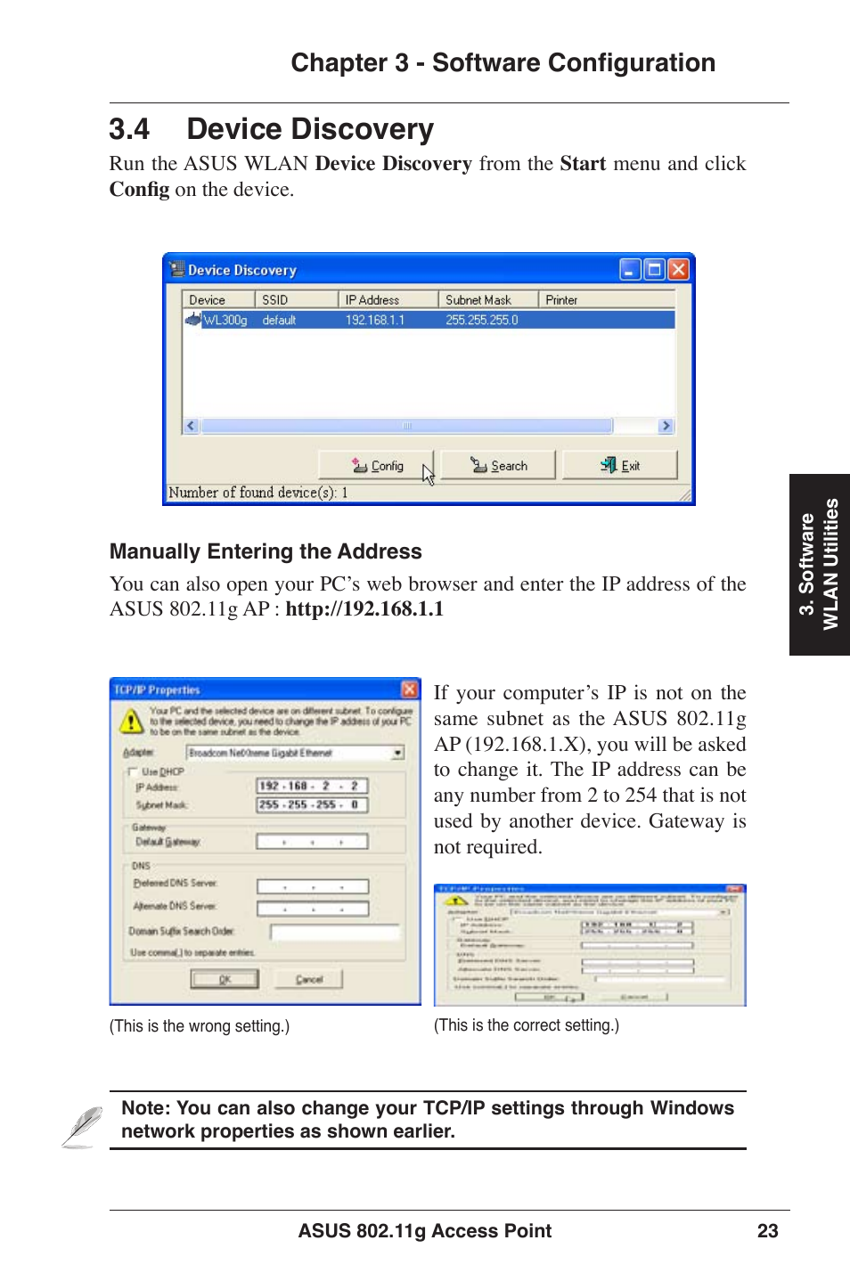 4 device discovery, Chapter 3 - software configuration | Asus WL-320gE User Manual | Page 23 / 77