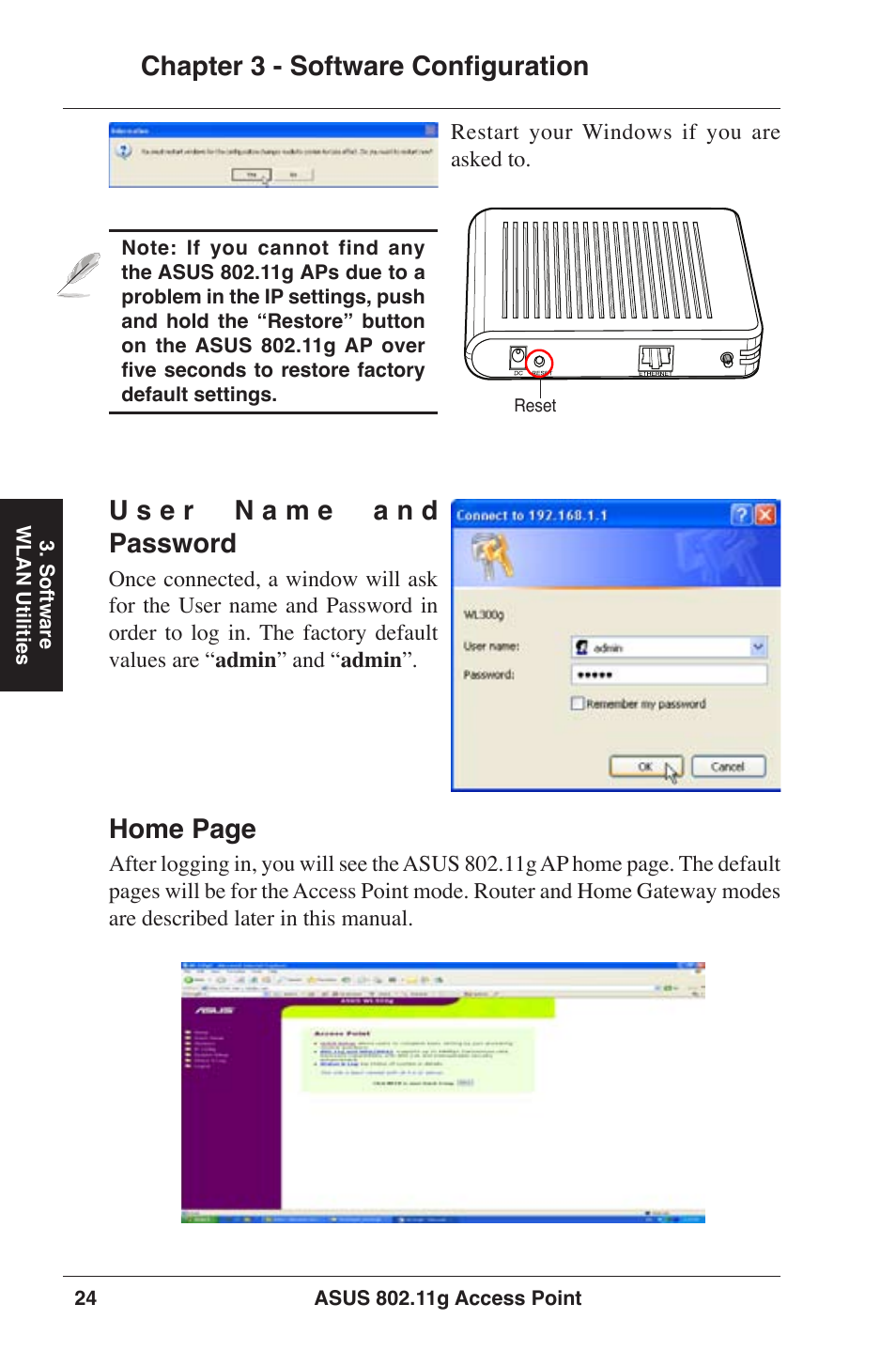 Chapter 3 - software configuration, Home page | Asus WL-320gE User Manual | Page 24 / 77