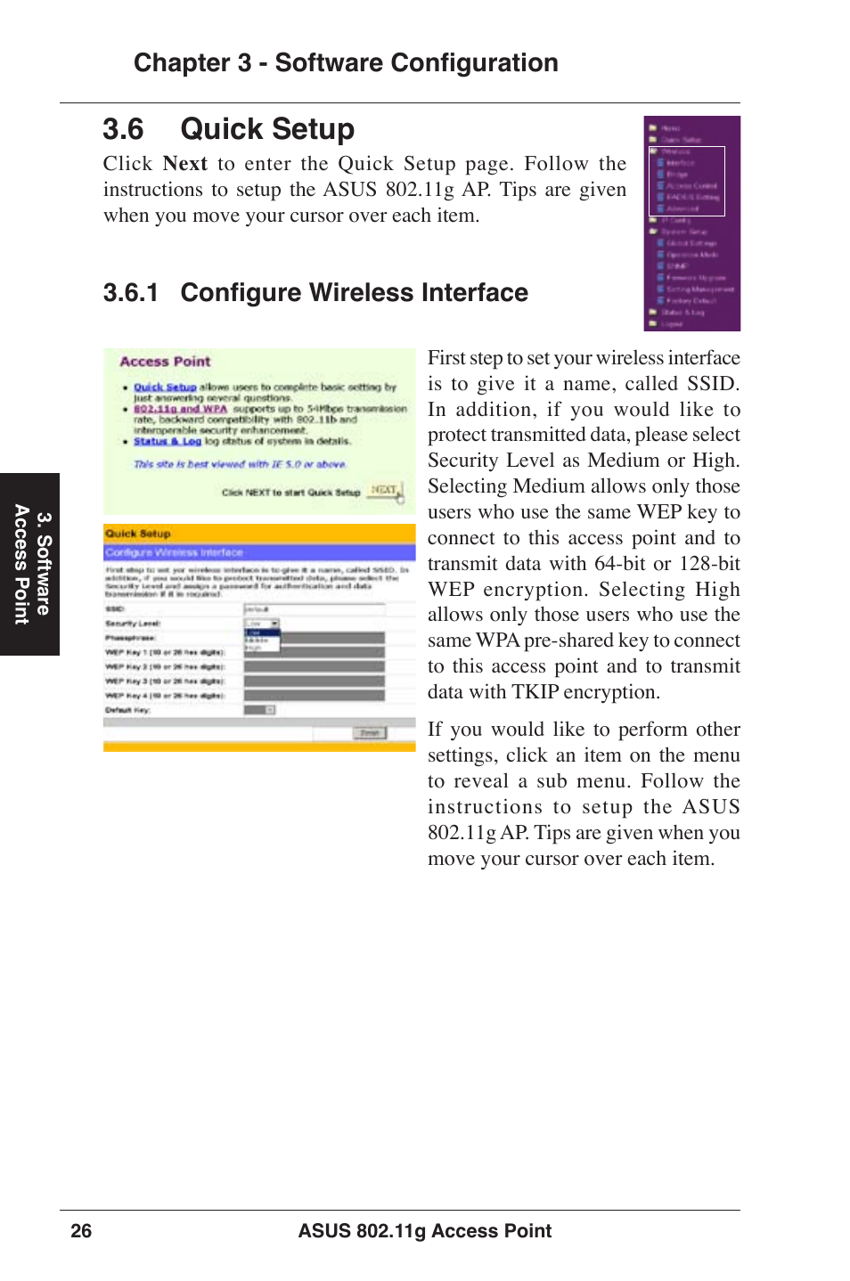 6 quick setup, Chapter 3 - software configuration, 1 configure wireless interface | Asus WL-320gE User Manual | Page 26 / 77