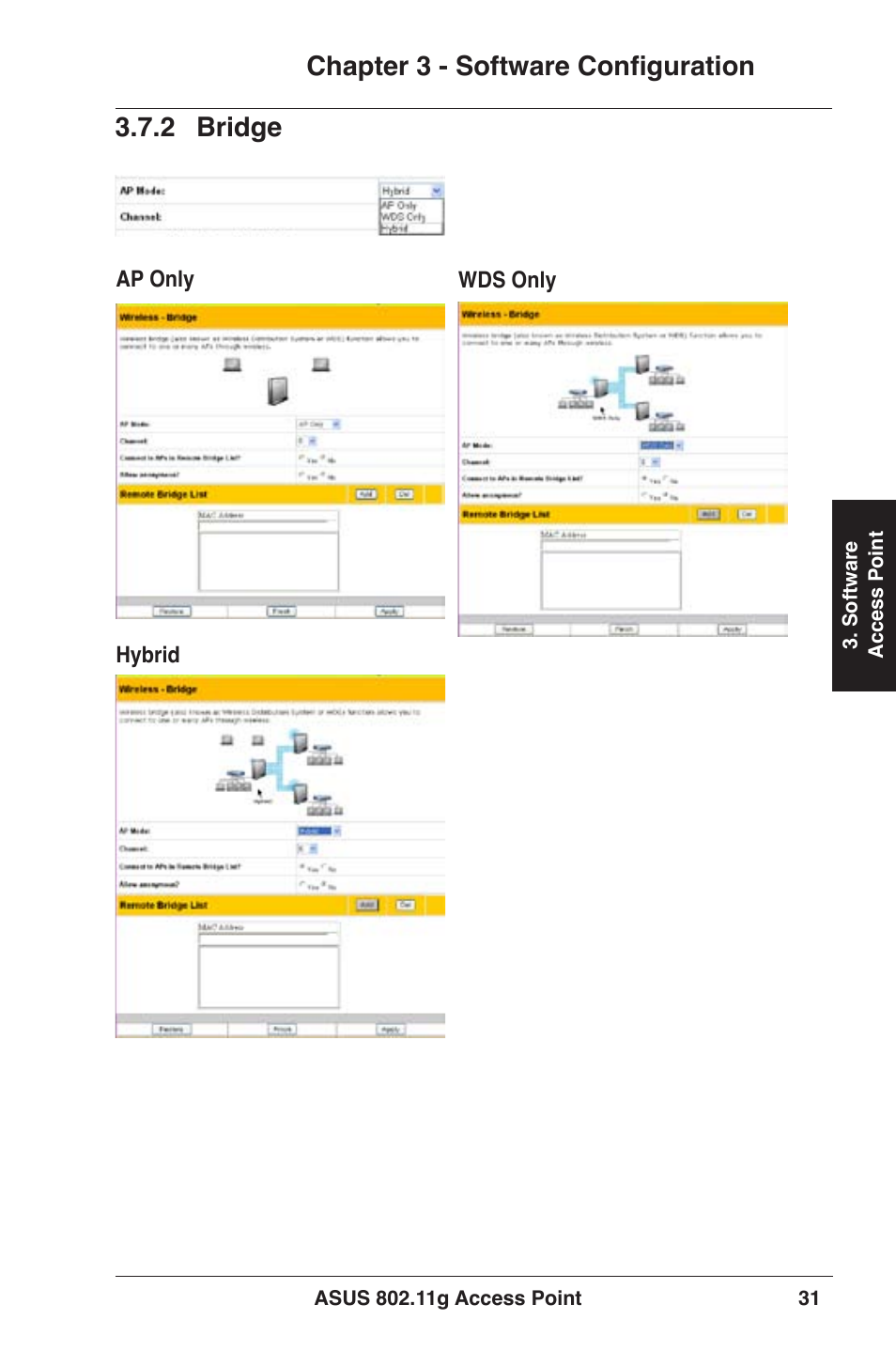 Chapter 3 - software configuration, 2 bridge | Asus WL-320gE User Manual | Page 31 / 77