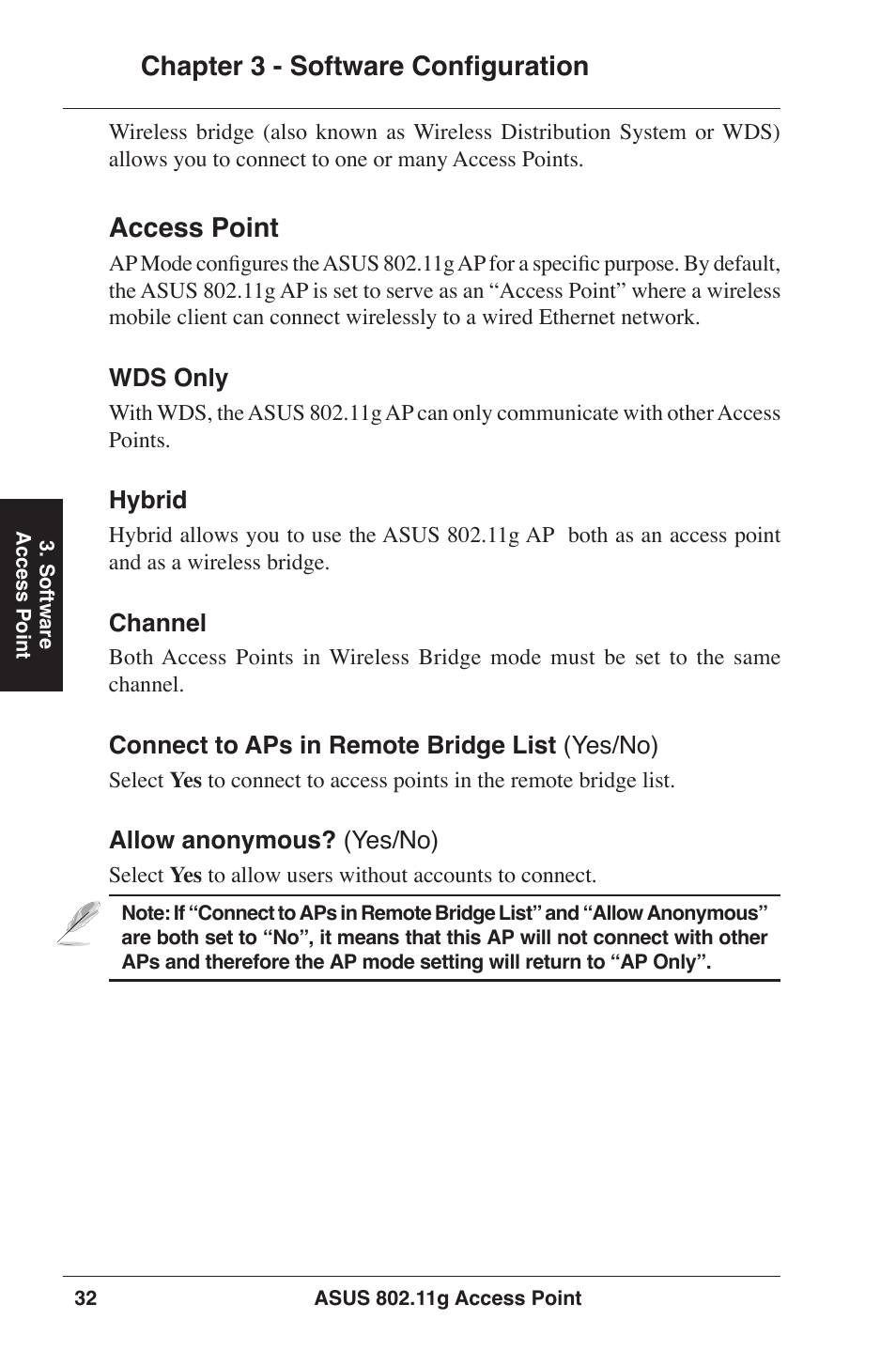 Chapter 3 - software configuration, Access point | Asus WL-320gE User Manual | Page 32 / 77