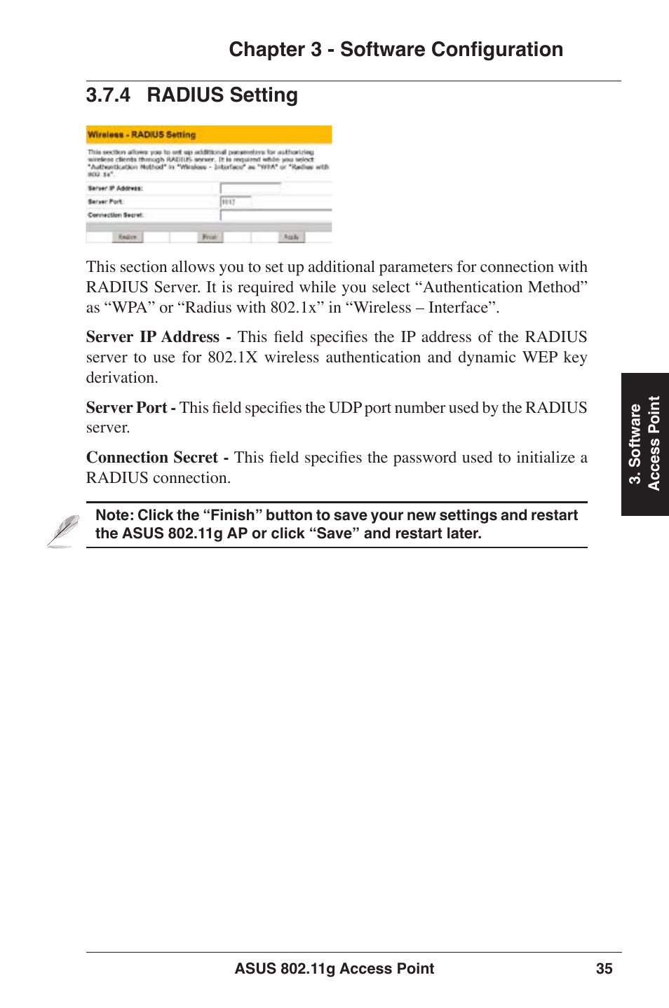 Chapter 3 - software configuration, 4 radius setting | Asus WL-320gE User Manual | Page 35 / 77