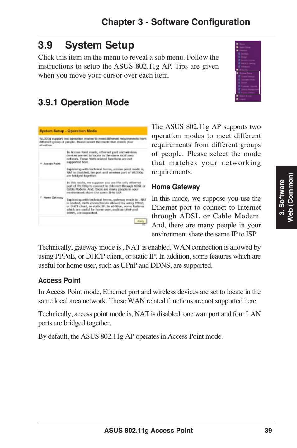 9 system setup, Chapter 3 - software configuration, 1 operation mode | Asus WL-320gE User Manual | Page 39 / 77