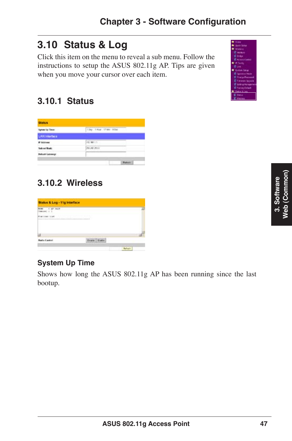 10 status & log, Chapter 3 - software configuration, 1 status | 2 wireless | Asus WL-320gE User Manual | Page 47 / 77